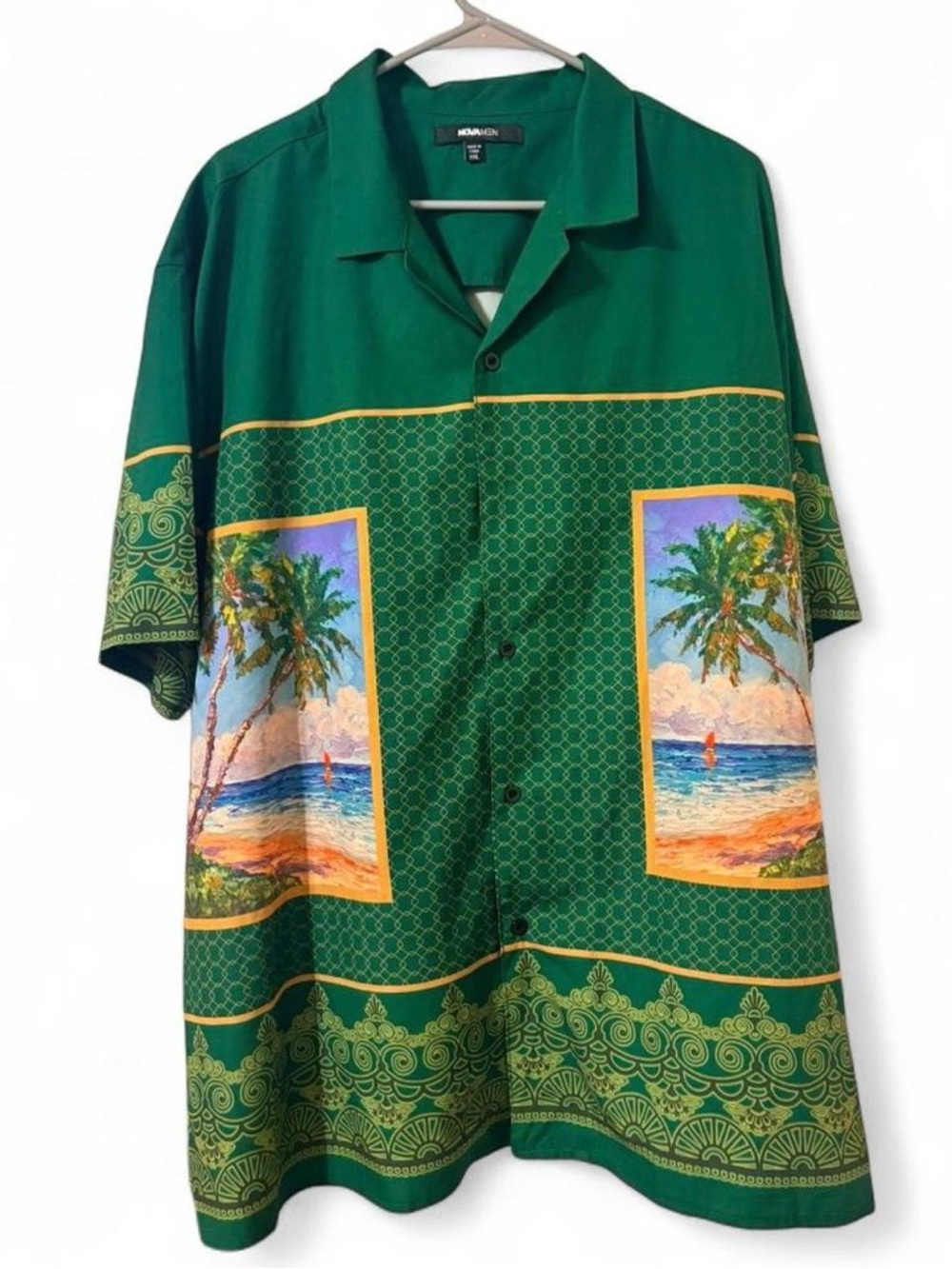 Men's Green Tropical Panel Print Short-Sleeve Button-Down Shirt